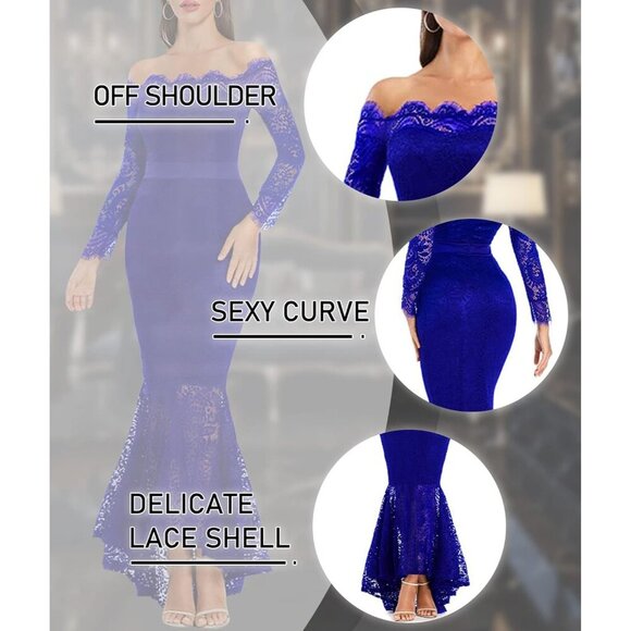 Women's Blue Floral Lace Long Sleeve Off Shoulder Wedding Mermaid Dress - Picture 5 of 6